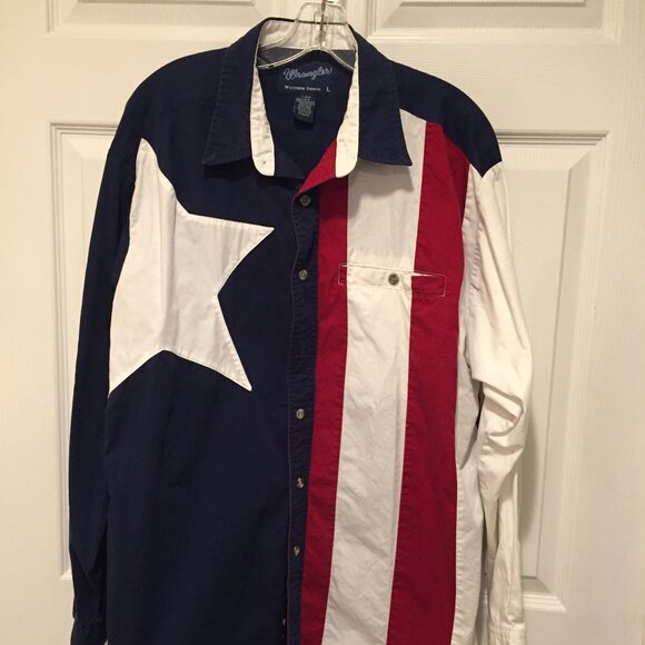 Vintage Wrangler Red White Blue Large Star Western Cowboy USA Patriotic Shirt - Picture 1 of 5